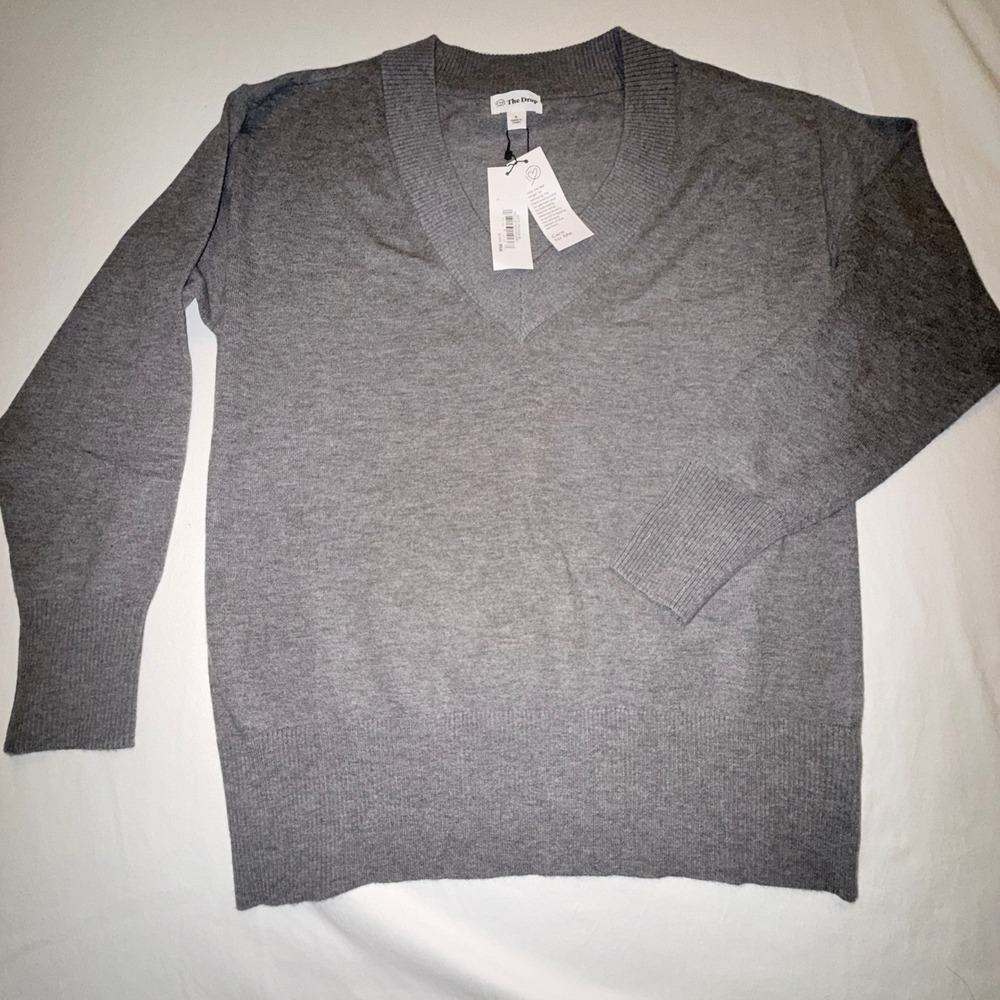 The Drop V-Neck Sweater Womens S Grey NEW Ribbed Knit Pullover‎
